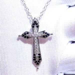 New Sterling Silver White & Black Sapphires Cross Necklace